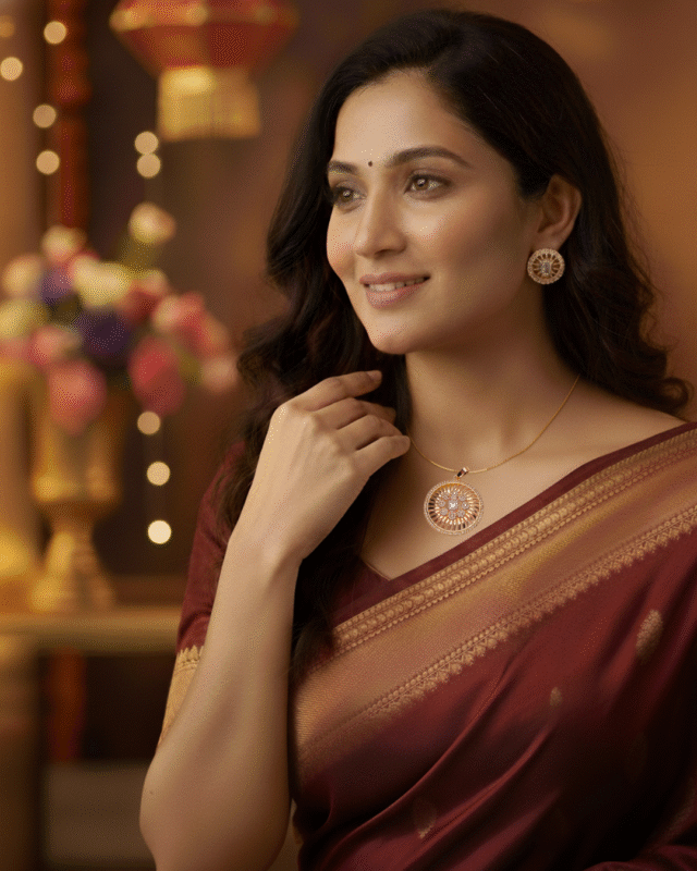 model wearing Tarnish Free Rose Gold Pendant Earring Set, Stainless Steel CZ Stud Earring Set