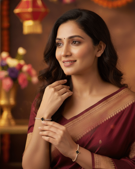 model wearing Tarnish Free Clover Bracelet Rose Gold, Stainless Steel Tennis Chain Bracelet