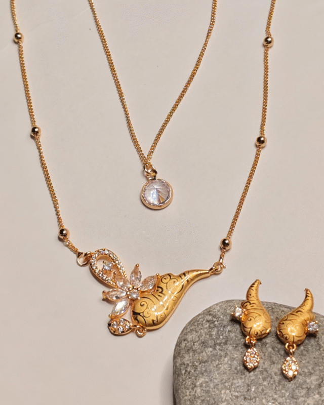 Gold Plated Double Chain Horn Pendant Set, Tarnish Free Layered Necklace and Earring Set