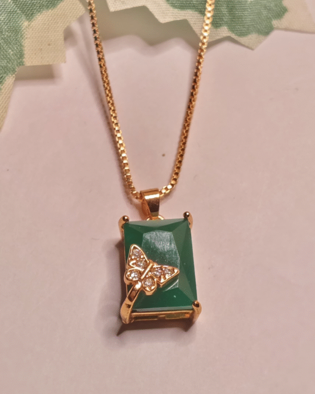 Tarnish Free Emerald Cut Butterfly Necklace, Waterproof Stainless Steel Gold Plated