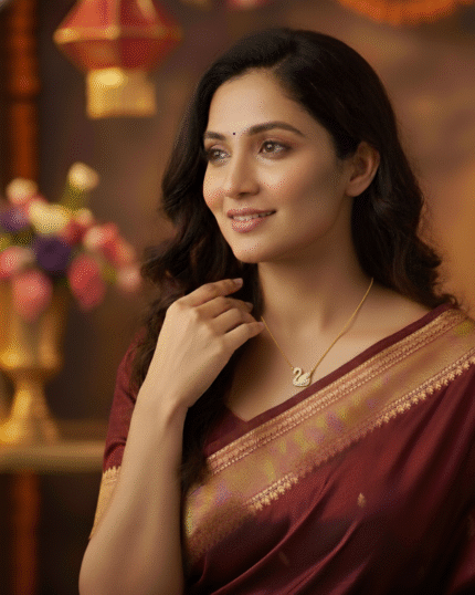 model wearing Daily Wear Diamond Look Chain Gifting, CZ Swan Design Box Chain Necklace, Modern Minimalist Gold Pendent