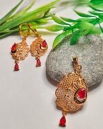 Mayura gold-plated festive pendant set with red teardrop stones