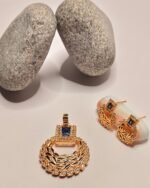 Athena gold-plated laurel wreath pendant set with royal blue stone and matching studs