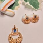 Athena gold-plated laurel wreath pendant set with royal blue stone and matching studs