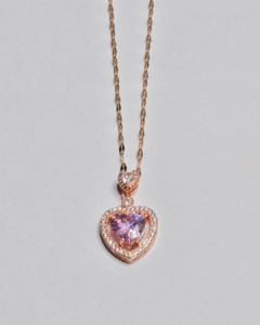 Close up of the Rosalyn pink heart pendant