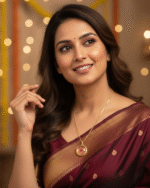 model wearing Gold Plated Resin Flower Necklace India, Round Pendant Tarnish Free Daily Wear