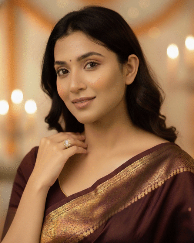 model wearing Gold Plated Oval CZ Statement Ring, Tarnish Free Luxury Finger Ring India