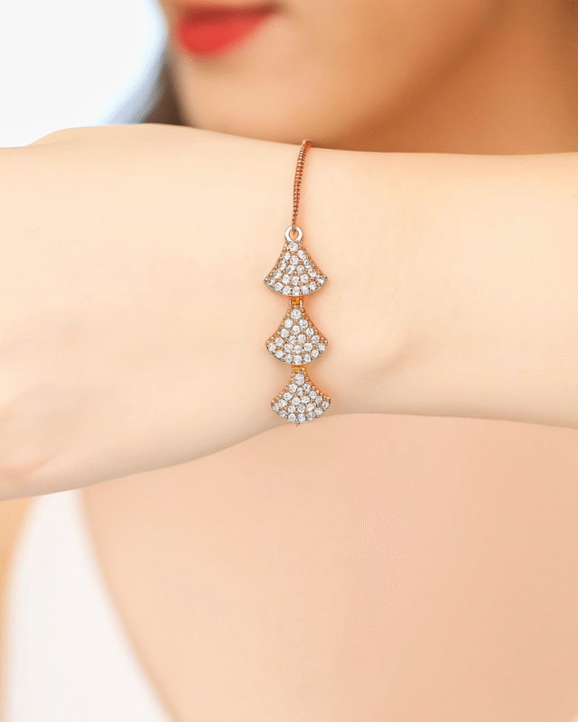 model wearing Gold Plated Pave Heart Bolo Bracelet, Tarnish Free Adjustable Slider Bracelet