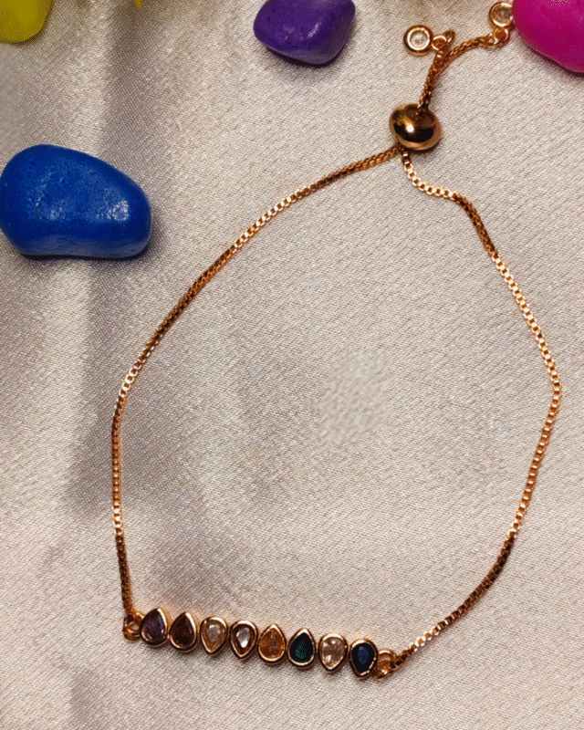 Rose Gold Plated Multi-Stone Bar Bracelet, Tarnish Free Adjustable Bolo Slider India