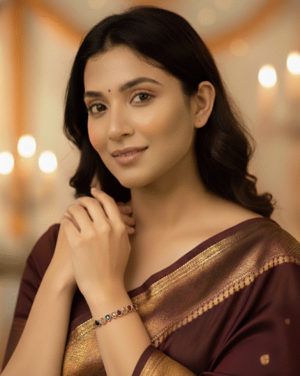 model wearing Rose Gold Plated Multi-Stone Bar Bracelet, Tarnish Free Adjustable Bolo Slider India