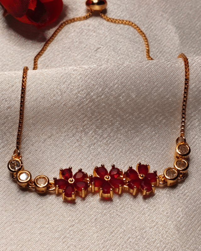 Rose Gold Plated Red Flower Bolo Bracelet, Tarnish Free Adjustable Slider Bracelet