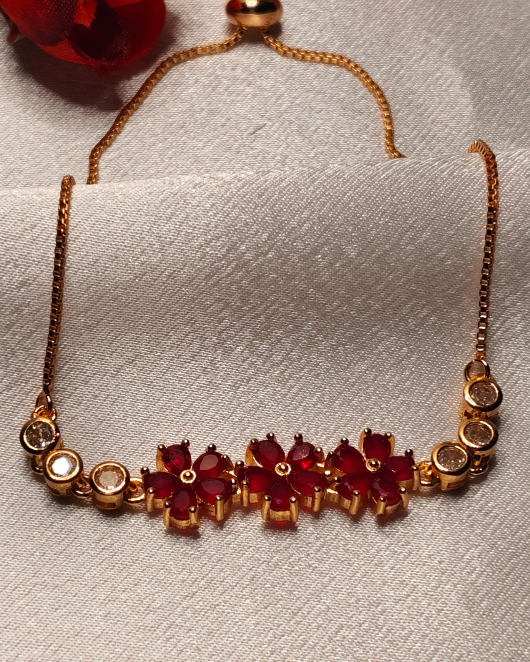 Rose Gold Plated Red Flower Bolo Bracelet, Tarnish Free Adjustable Slider Bracelet Rose Gold Plated Red Flower Bolo Bracelet, Tarnish Free Adjustable Slider Bracelet