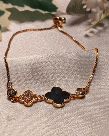 Rose Gold Pave and Enamel Clover Bracelet, Tarnish Free Adjustable Slider Bracelet