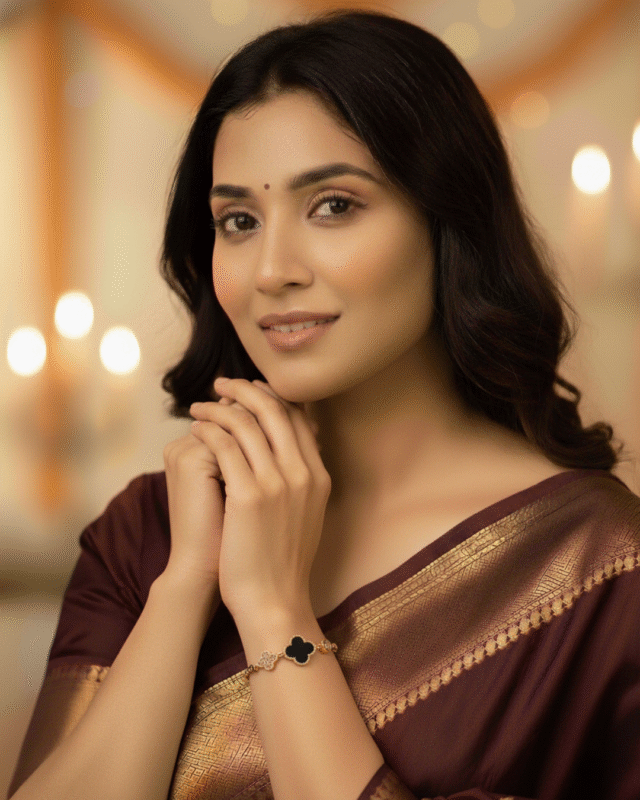 model wearing Rose Gold Pave and Enamel Clover Bracelet, Tarnish Free Adjustable Slider Bracelet