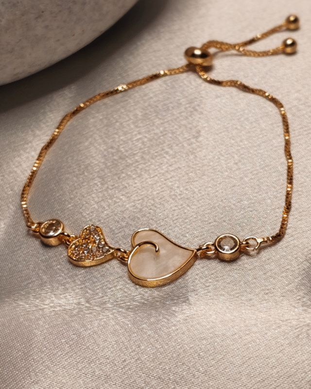 Rose Gold Pave Mother of Pearl Heart Bracelet, Tarnish Free Adjustable Slider Bracelet