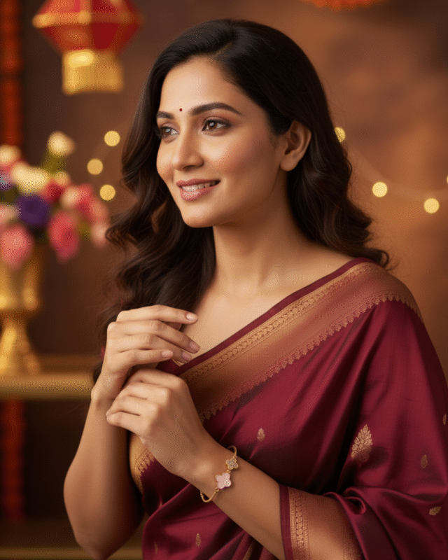 model wearing Rose Gold Pink Shell Clover Bracelet, Tarnish Free Adjustable Slider Bracelet