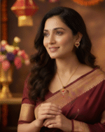 model wearing Heart Pendant Set Amara gold-plated red heart pendant set with matching earrings