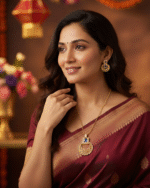 model wearing Athena gold-plated laurel wreath pendant set with royal blue stone and matching studs