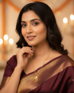 model wearing Everyday Wear Abstract Gold Pendent, Designer CZ Beaded Chain Gifting, Modern Flowing Feather Necklace