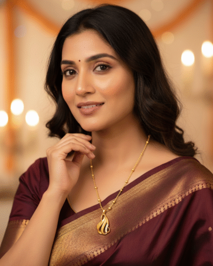 model wearing Everyday Wear Abstract Gold Pendent, Designer CZ Beaded Chain Gifting, Modern Flowing Feather Necklace