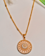 Everyday Wear Traditional Gold Pendent, CZ Stone Ethnic Flower Necklace, Ornate Circular Gold Chain Gifting