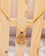 Everyday Wear Traditional Gold Pendent, CZ Stone Ethnic Flower Necklace, Ornate Circular Gold Chain Gifting