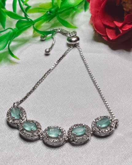 Silver Plated Adjustable Aqua Bracelet, Tarnish Free Mint Green Halo Bracelet