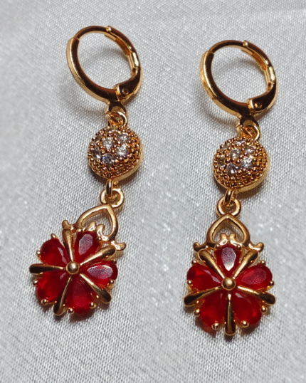 Gold Plated Red Flower Drop Earrings, Tarnish Free CZ Stone Dangle Earrings India