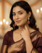 model wearing Everyday Wear Secure Hoop Earrings, Traditional Festive Red Jhumki Style, Bridal Party Red Stone Drop Gifting