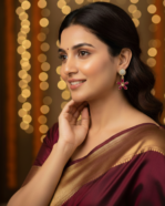 model wearing Everyday Wear Secure Lever Back Earrings, CZ Baguette Stone Floral Earrings India, Modern Gold Plated Flower Drop Gifting