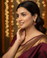 model wearing Everyday Wear Secure Lever Back Earrings, CZ Baguette Stone Floral Earrings India, Modern Gold Plated Flower Drop Gifting