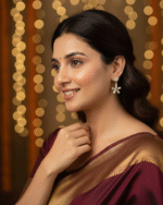 model wearing Everyday Wear Secure Lever Back Earrings, CZ Baguette Stone Floral Earrings India, Modern Gold Plated Flower Drop Gifting