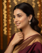 model wearing Everyday Wear Secure Lever Back Earrings, CZ Baguette Stone Floral Earrings India, Modern Gold Plated Flower Drop Gifting