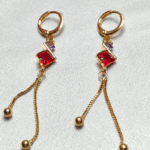 Gold Plated Red Stone Tassel Earrings, Tarnish Free Long Chain Drop Earrings India