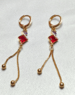 Gold Plated Red Stone Tassel Earrings, Tarnish Free Long Chain Drop Earrings India