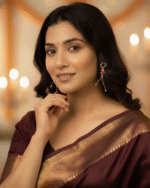 model wearing Everyday Wear Secure Huggie Earrings, Festive Red Square Stone Dangler, Modern Multi-Color Gemstone Earring