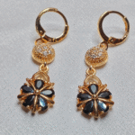 Gold Plated Black Flower Drop Earrings, Tarnish Free Black Stone Dangle Earrings