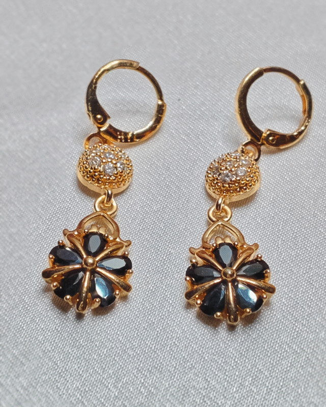 Gold Plated Black Flower Drop Earrings, Tarnish Free Black Stone Dangle Earrings