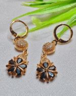 Everyday Wear Secure Huggie Earrings, CZ Stone Flower Design Earrings India, Modern Gold Plated Black Teardrop Earrings