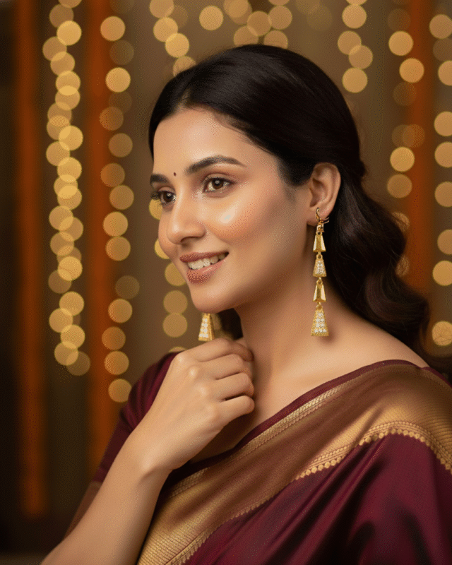 model wearing Everyday Wear Secure Huggie Earrings, Traditional CZ Jhumki Style Long Earring, Textured Pave Gold Dangle Gifting