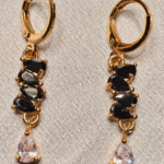Gold Plated Black Marquise Drop Earrings, Tarnish Free Long Black Stone Dangler