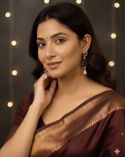 model wearing Everyday Wear Secure Huggie Earrings, Modern Multi Stone Drop Earrings India, Luxury Black & Clear Gemstone Dangle