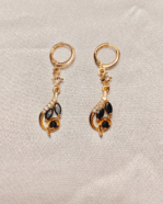 Gold Plated Black Swirl Drop Earrings, Tarnish Free Black Stone Dangle Earrings