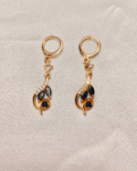 Gold Plated Black Swirl Drop Earrings, Tarnish Free Black Stone Dangle Earrings