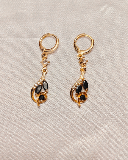 Gold Plated Black Swirl Drop Earrings, Tarnish Free Black Stone Dangle Earrings