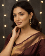 model wearing Gold Plated Black Swirl Drop Earrings, Tarnish Free Black Stone Dangle Earrings