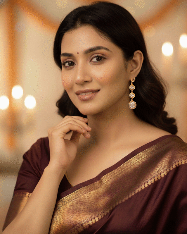 model wearing Gold Plated Triple Circle Drop Earrings, Tarnish Free Pave CZ Dangler Earrings