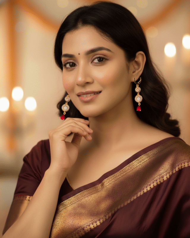 model wearing Gold Plated Red Teardrop Dangle Earrings, Tarnish Free Festive Long Drop India