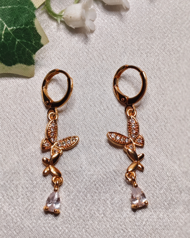 Gold Plated Pave Butterfly Drop Earrings, Tarnish Free Cubic Zirconia Dangler India