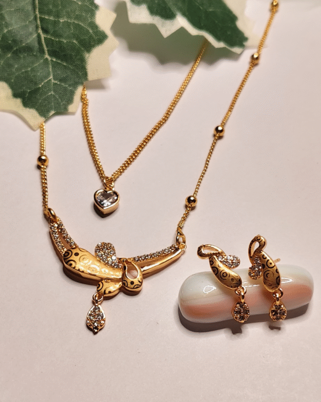 Gold Plated Swirl CZ Necklace Set, Tarnish Free Pave Pendant and Earring Set